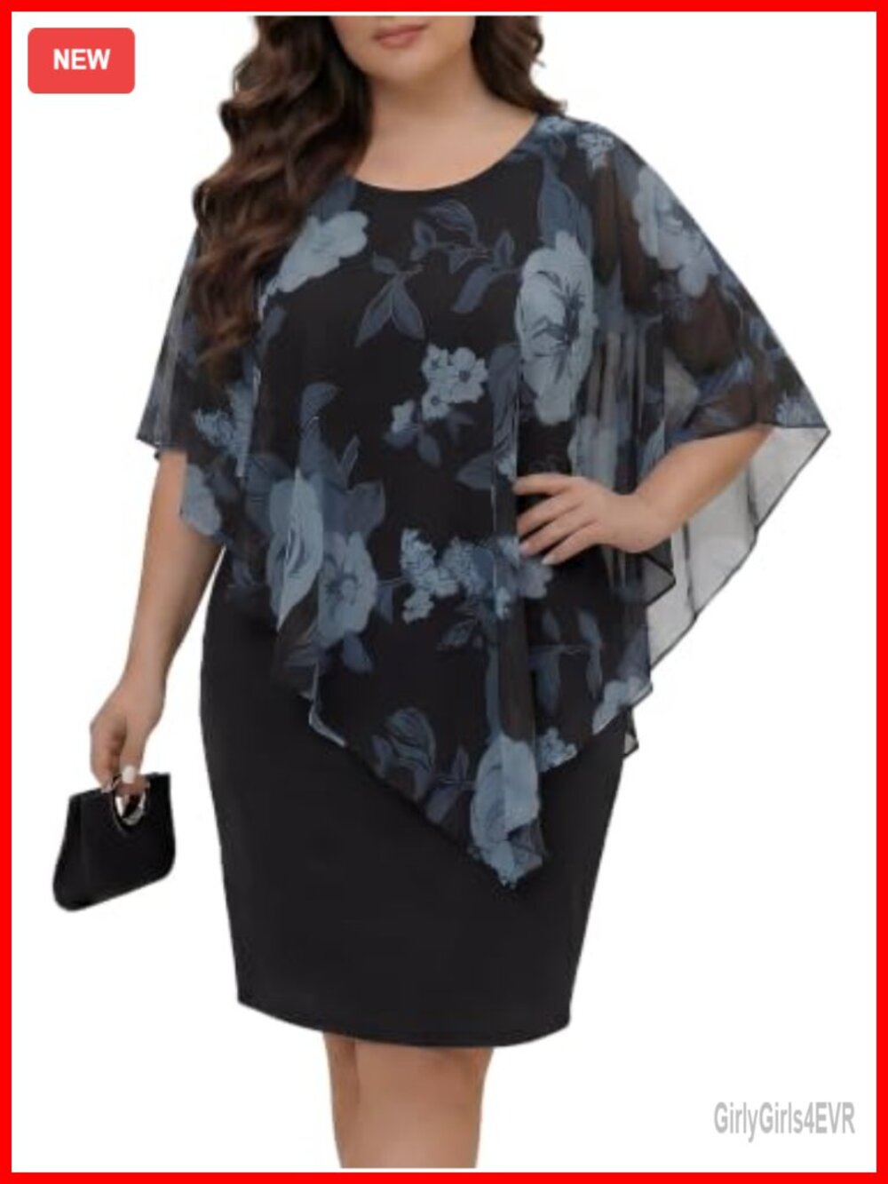 Plus Size Floral Chiffon Cape Overlay Midi Dress Formal Wedding Guest